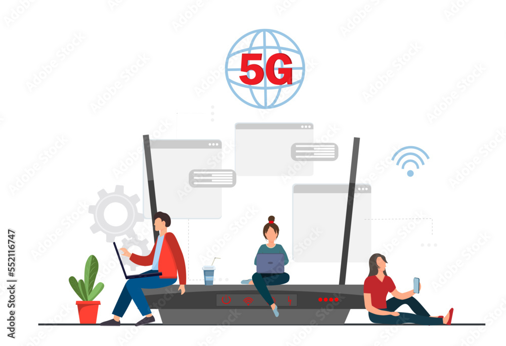 People using 5G mobile internet for working, 5G network wireless technologies, teamwork concept, flat vector illustration People using 5G mobile internet for working, 5G network wireless technologies, teamwork concept, flat vector illustration