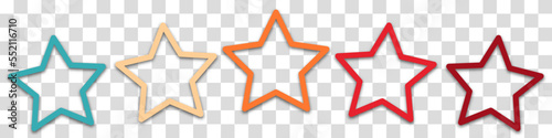 Colorful rating 5 stars in retro style on a transparent background. Feedback concept for mobile app or website. Quality shape design. Vector illustration in 1970s 1980s 1960s style.