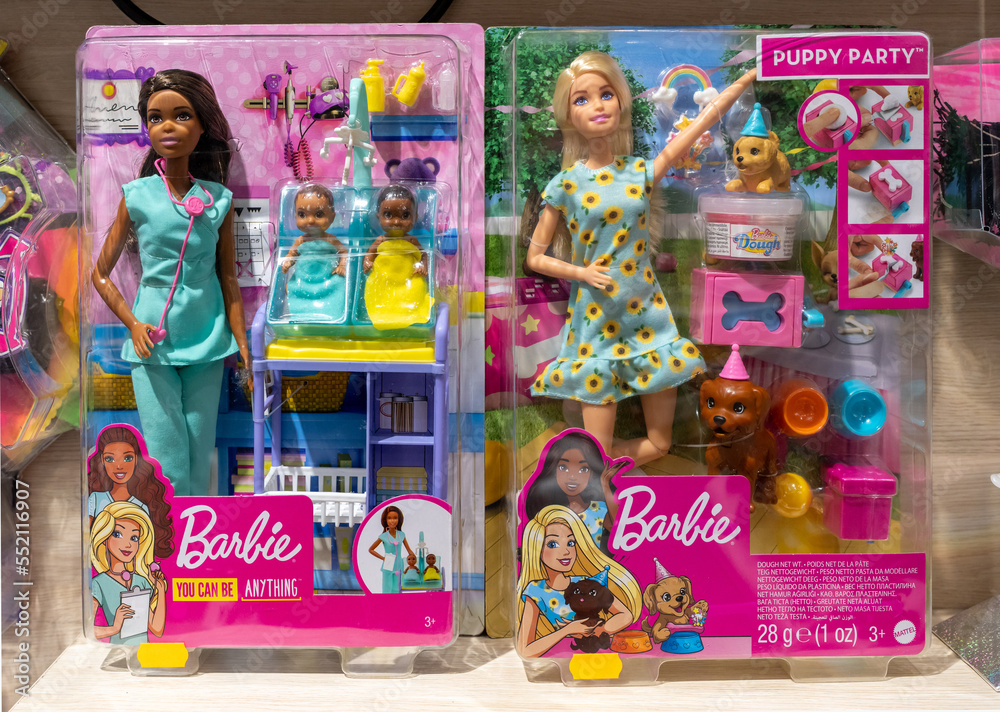 Barbie dolls on the store shelf. Barbie is a fashion doll manufactured by the American toy company Mattel Inc. and launched in March 1959. Minsk Belarus 2022 Stock Photo Adobe Stock