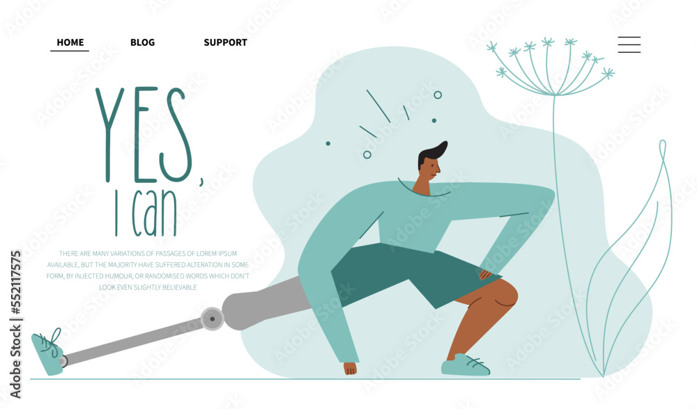 Web landing page with sports man birth anomaly, has bionic leg, titanium foot, implant or prosthesis. Vector illustration with phrase YES, I CAN. Web landing page with sports man birth anomaly, has bionic leg, titanium foot, implant or prosthesis. Vector illustration with phrase YES, I CAN.