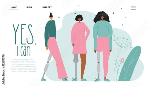 Web landing pag with sports women birth anomaly, has bionic leg, titanium foot, implant or prosthesis. Vector illustration with phrase YES, I CAN.
