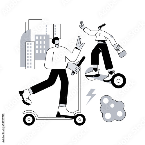 Urban electric transport abstract concept vector illustration. Rental electric bikes, escooter eskateboard using, modern city life style, urban mobility, sustainable transport abstract metaphor. photo