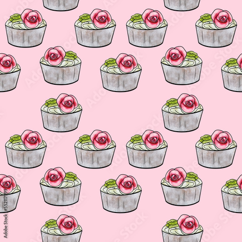 Seamless raster pattern of cupcakes with beige base and yellow-pink cream fillings and decorated with flower on pink background. High quality illustration