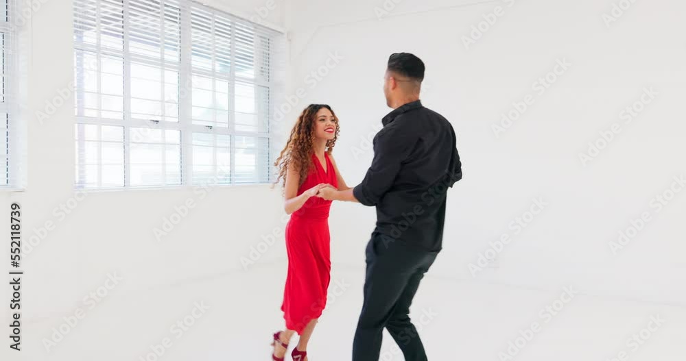 Couple, bonding and ballroom dancing in studio, performance practice or salsa learning class. Smile, happy or dancer man and woman in samba, tango or latin energy routine on dance floor with teacher