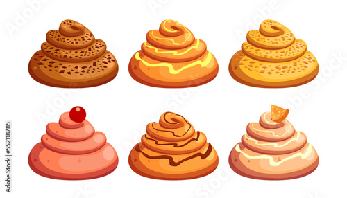 Tasty buns with different flavors vector illustrations set. Collection of cartoon drawings of sweet treats with berry, piece of fruit, glazing on white background. Baking, desserts, food concept