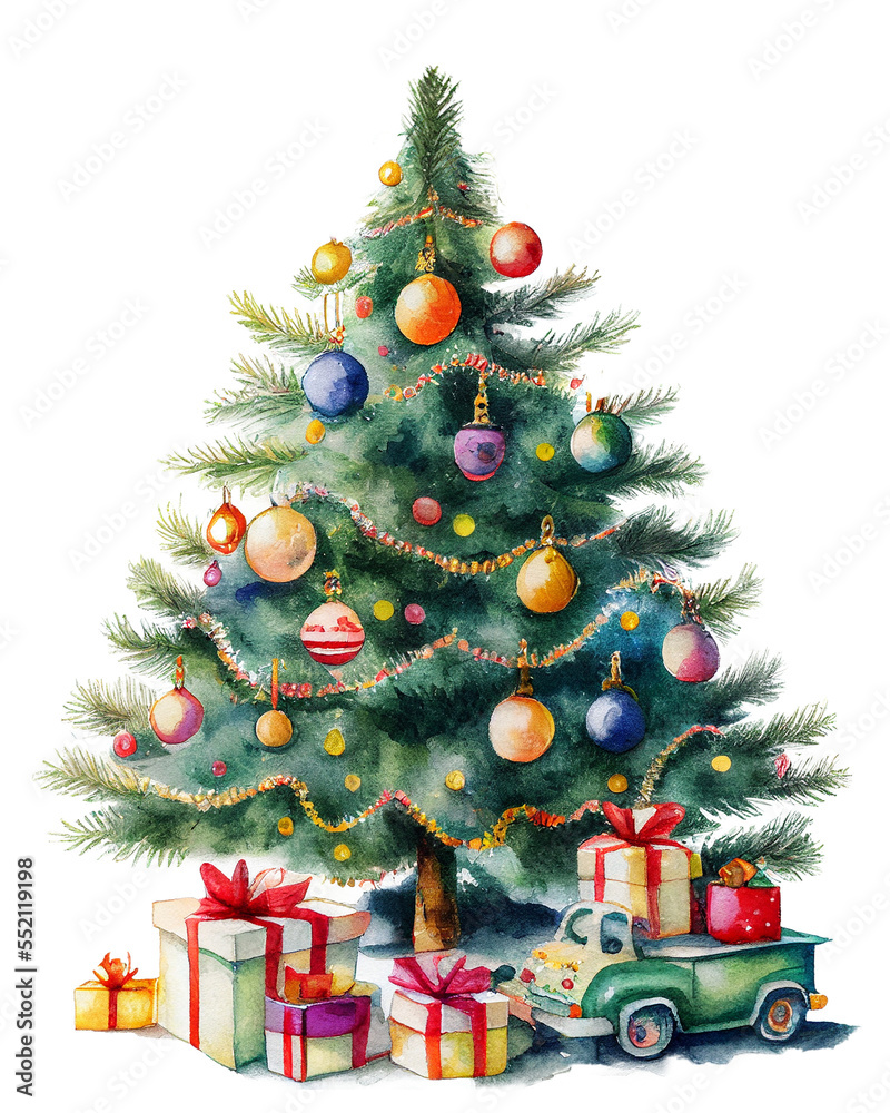 Watercolor Christmas tree decorated with garlands and balls, gifts lie nearby. PNG with transparent background.