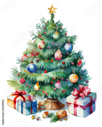 Watercolor Christmas tree decorated with balls and a star, gifts lie nearby. PNG with transparent background.