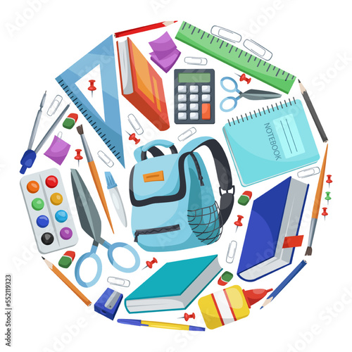 Round pattern with school bag and supplies vector illustration. Collection of cartoon drawings of backpack and stationery isolated on white background. Back to school, education concept