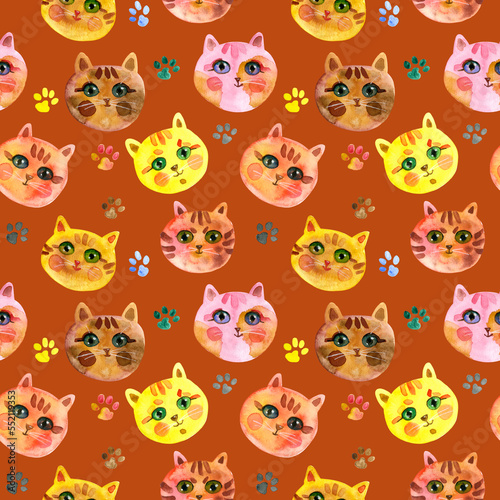 Cats on a dark ogange background. Cute Cat muzzle. Watercolour hand drawn illustration. For fabric  sketchbook  wallpaper  wrapping paper.