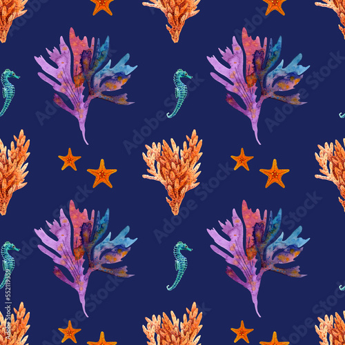 Seamless pattern of a marine  tropical theme. Bright seahorse  starfish  corals  algae  . Watercolor hand drawn illustration. For decoration and design. On violet background.