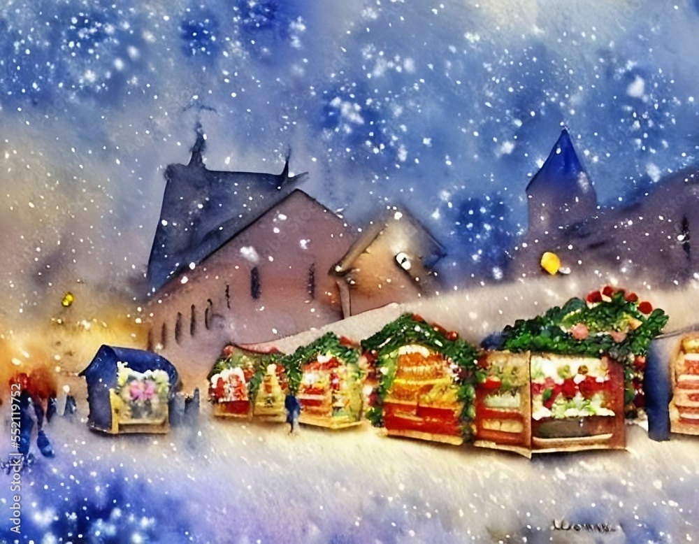 Christmas Market in a Snowy Small Town with Church - Impressionist watercolor painting - Generative AI 9