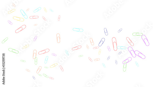 Paper clips are scattered on a white background. Decorative element. Background for design, school and office supplies