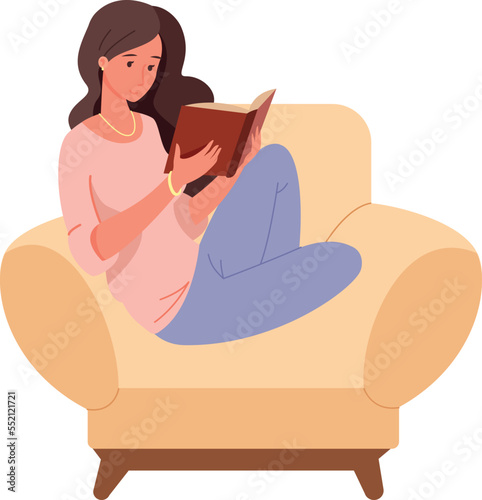 Woman read in cozy armchair. Hobby icon. Resting person