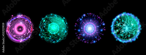 Energy ball vector set, game fire magic orb, crystal electric sphere kit, thunder power effect. Fantasy neon star explosion, science futuristic current wave, glow lightning. Round energy ball clipart