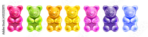 Jelly gummy bear set, vector colored cartoon kids candy, cute cherry baby gum kit, fruit dessert. Edible animal confectionery, orange taste, funny children sweets. Colorful jelly bear collection