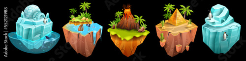 Game island, iceberg, vector volcano, Egypt desert pyramid, isometric 3D floating land, jungle palm. Flying platform concept, summer tropical scene sand dune, penguin. Exotic nature game island kit