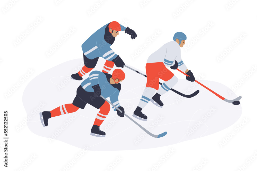 Fototapeta premium Vector illustration of hockey male players characters. Winter sport activity. Young adult men in blue and red uniform. Professional ice-hockey player. The player leads the puck
