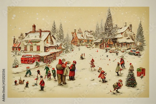 Vintage Merry Christmas postcard with a winter landscape, snowy background, people enjoying, celebrating holiday. christmas tree, toys and decorations. Ilusstration for advertising.