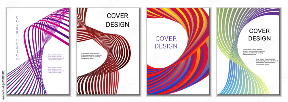A set of 4 abstract covers. Wavy parallel gradient lines, ribbons evolve. Cover design, background. Trendy banner, poster. A set of 4 abstract covers. Wavy parallel gradient lines, ribbons evolve. Cover design, background. Trendy banner, poster.
