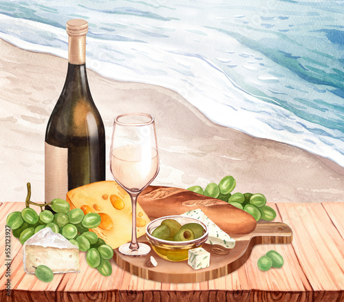 Watercolor white wine bottle, fresh ripe green grapes, cheese on the wood table landscape sea. Hand draw background with food objects for picnic.Concept for wine list, label, banner, menu, flyer