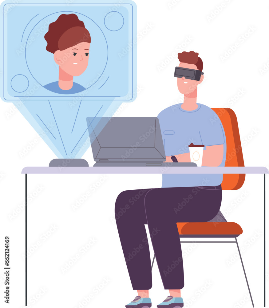 © ssstocker - Virtual work meeting. Man in headset. Augmented reality © ssstocker - Virtual work meeting. Man in headset. Augmented reality
