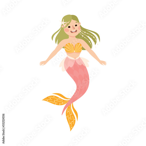 Mermaid with Wavy Green Hair Floating Underwater Vector Illustration