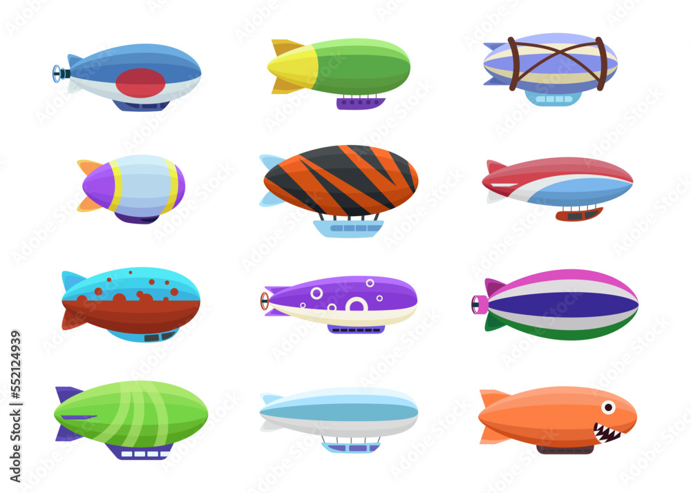 Fototapeta premium Different colorful designs of blimps vector illustrations set. Collection of cartoon drawings of airships with different patterns isolated on white background. Aviation, transportation concept