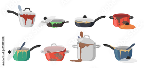 Dirty kitchen utensils vector illustrations set. Collection of cartoon drawings of messy kitchenware, frying pans, cooking pots isolated on white background. Housework or household, hygiene concept