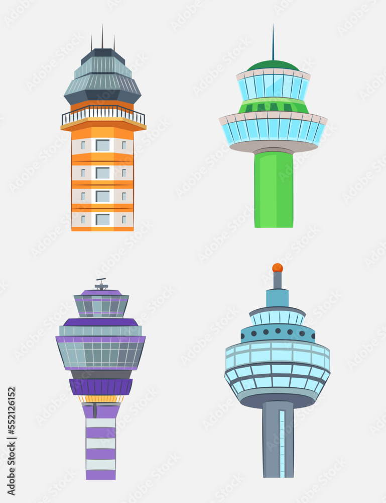 Airport towers vector illustrations set. Collection of drawings of air traffic control towers isolated on white background. Aviation, transportation, traveling concept