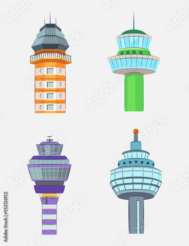 Airport towers vector illustrations set. Collection of drawings of air traffic control towers isolated on white background. Aviation, transportation, traveling concept