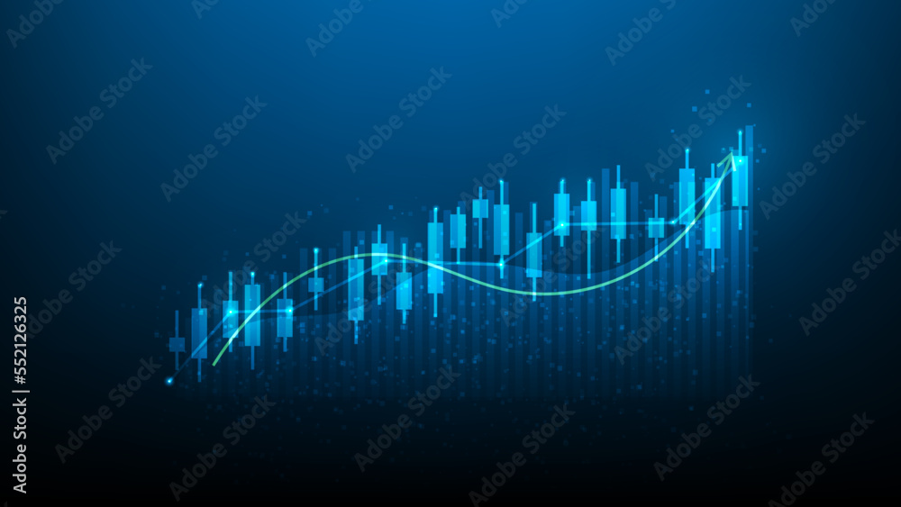 rising stock chart on blue dark background. business graph growth digital marketing. investment achievement successful. arrow income economy increase. vector illustration fantastic hi tech design. rising stock chart on blue dark background. business graph growth digital marketing. investment achievement successful. arrow income economy increase. vector illustration fantastic hi tech design.