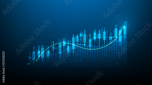 rising stock chart on blue dark background. business graph growth digital marketing. investment achievement successful. arrow income economy increase. vector illustration fantastic hi tech design.