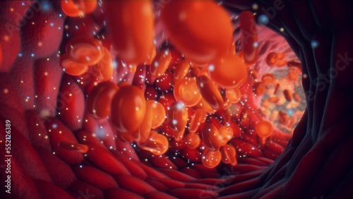 Diabetes is a metabolic disorder caused by high levels of blood sugar. Animation of glucose and insulin molecules  and red blood cells in a blood vessel. photo