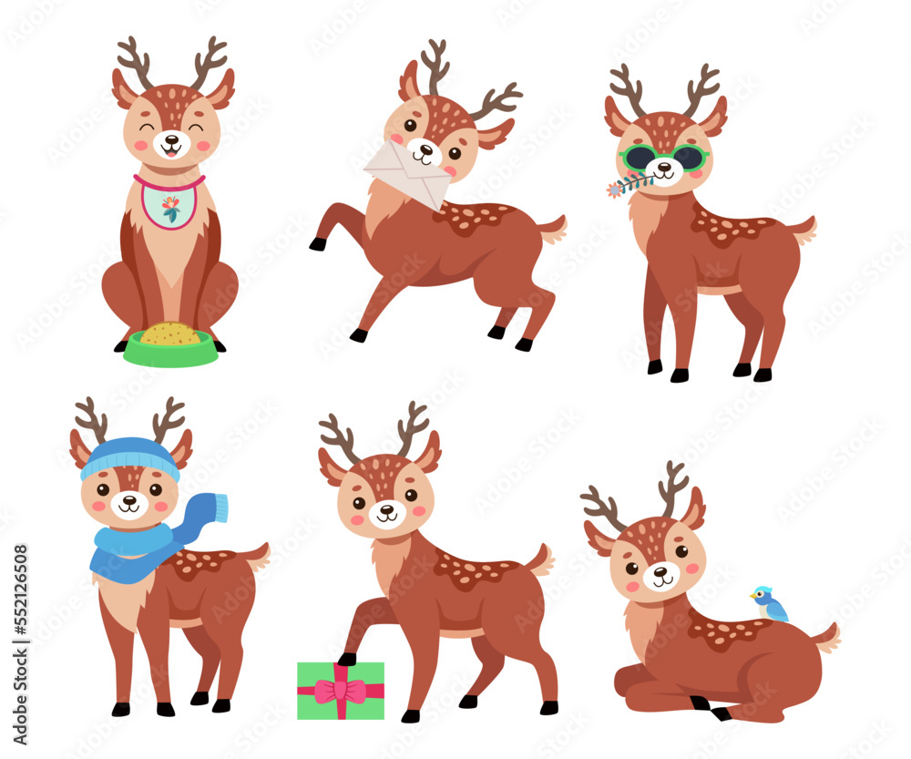 Cute Christmas deer cartoon character vector illustrations set. Collection of drawings of adorable wild animal with antlers isolated on white background. Winter holidays, wildlife concept Cute Christmas deer cartoon character vector illustrations set. Collection of drawings of adorable wild animal with antlers isolated on white background. Winter holidays, wildlife concept