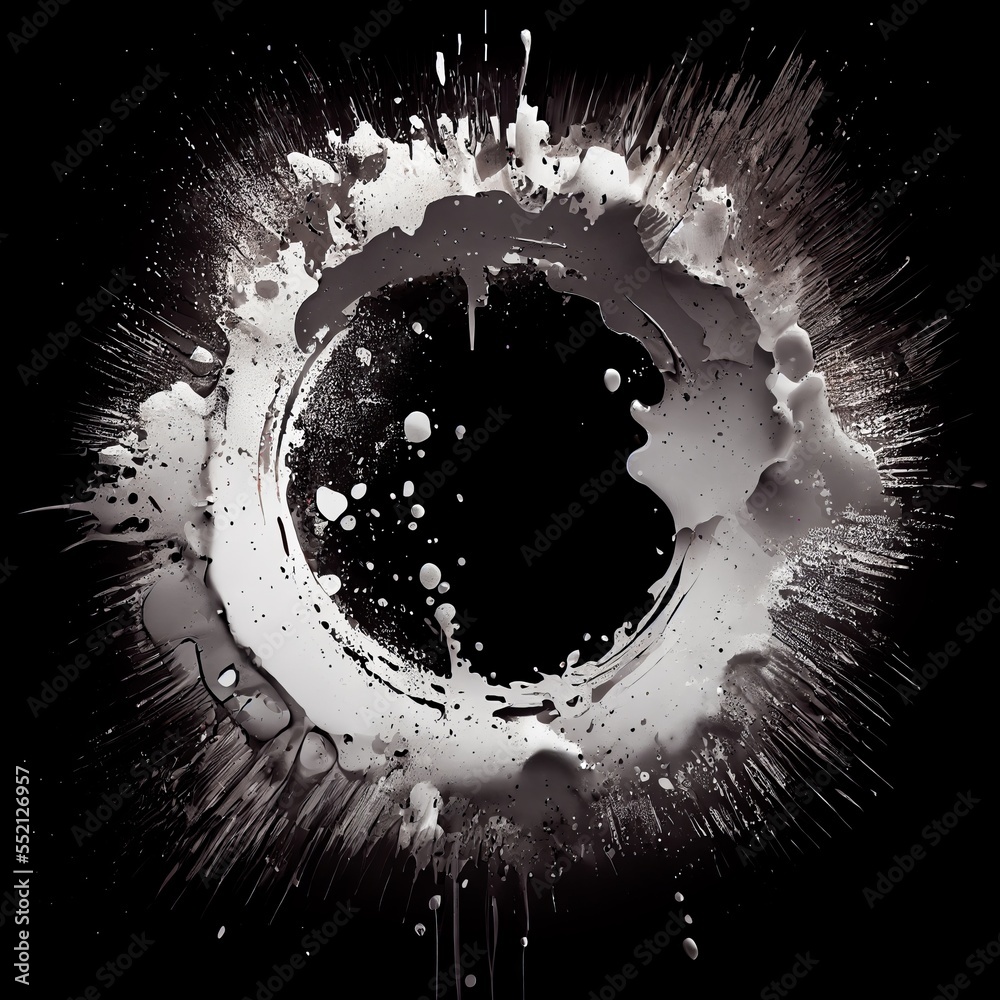 Grey paint circle splash isolated on black background. Grey color acrylic blots abstract splashes. Grunge circle frame design. Grey paint circle splash isolated on black background. Grey color acrylic blots abstract splashes. Grunge circle frame design.