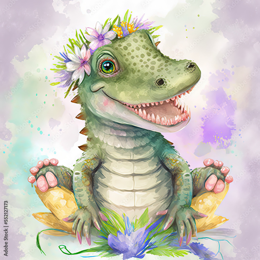 Fototapeta premium crocodile, alligator, floral crown, happy