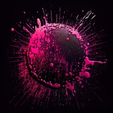 Pink magenta paint circle splash isolated on black background. Pink color acrylic blots abstract splashes. Grunge circle frame design.