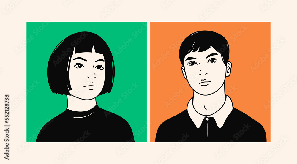 Portraits of Teenage boy and girl. Young people look at the camera. Cute characters. Cartoon comic asian style. Social network avatar template. Hand drawn trendy Vector illustration. Isolated icons Portraits of Teenage boy and girl. Young people look at the camera. Cute characters. Cartoon comic asian style. Social network avatar template. Hand drawn trendy Vector illustration. Isolated icons