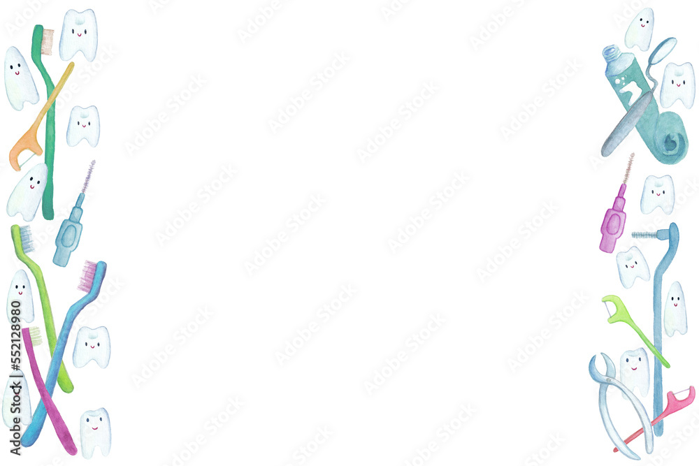Dental care hygiene theme objects frame. Isolated on white. Teeth characters cartoon- Dental care hygiene theme objects frame. Isolated on white. Teeth characters cartoon-