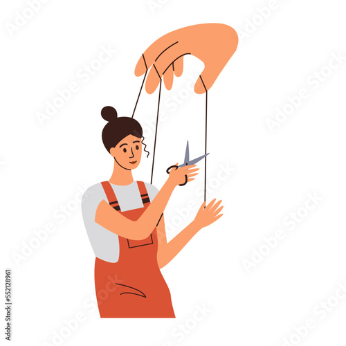 Person releasing, free from manipulation. Marionette cutting of authority control. Liberty concept.