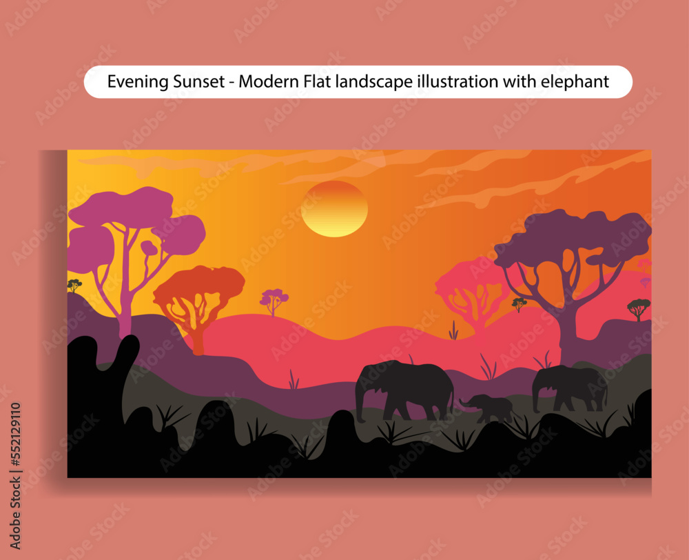  Black elephant walking at the with mountain and sunset background Evening light vector Illustration
