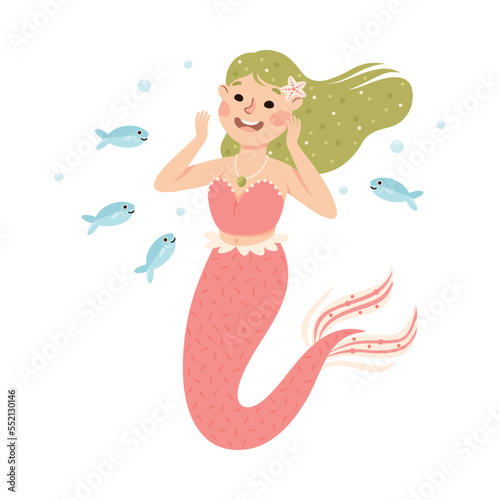 Mermaid with Wavy Green Hair Floating Underwater Among Fish Vector Illustration