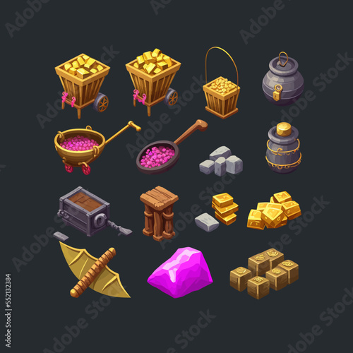 Game mining props icons dynamite. Flat cartoon illustration isolated on black background