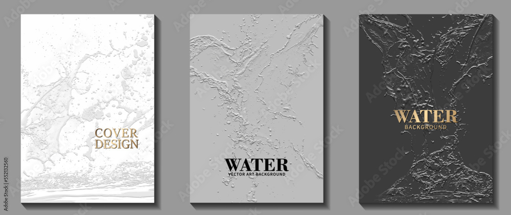 Grey set plaster texture background for cover design, cards, flyer, poster. Hand-drawn painted relief. Vector illustration for cover. Water splashes. Stucco template backdrop.
