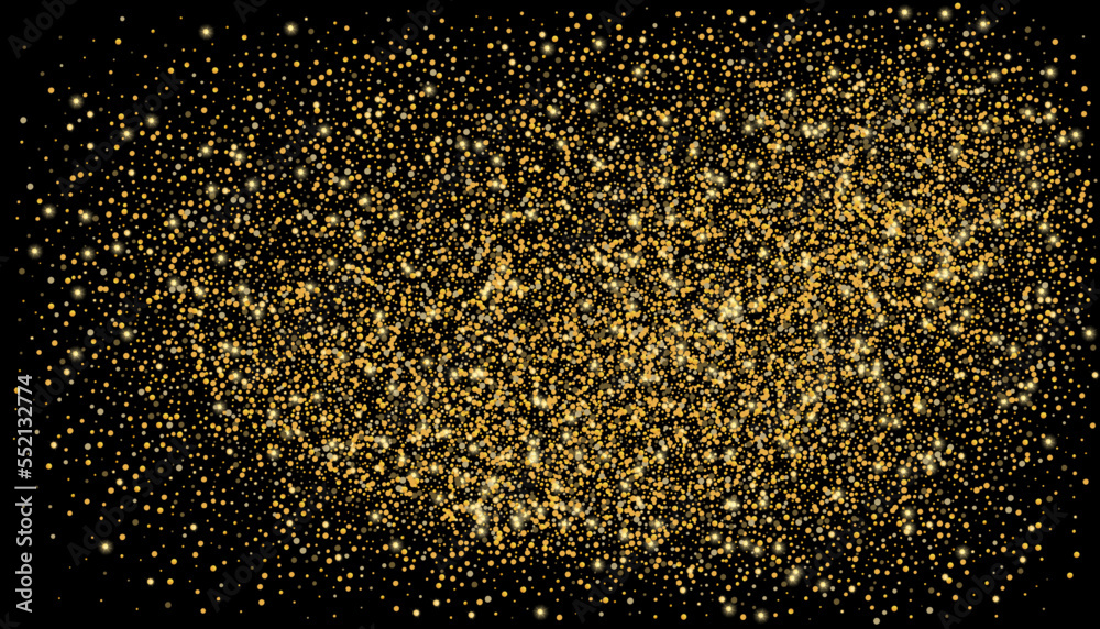 Gold glitter confetti on a black background. Shiny particles scattered, sand. Decorative element. Luxury background for your design, cards, invitations, vector