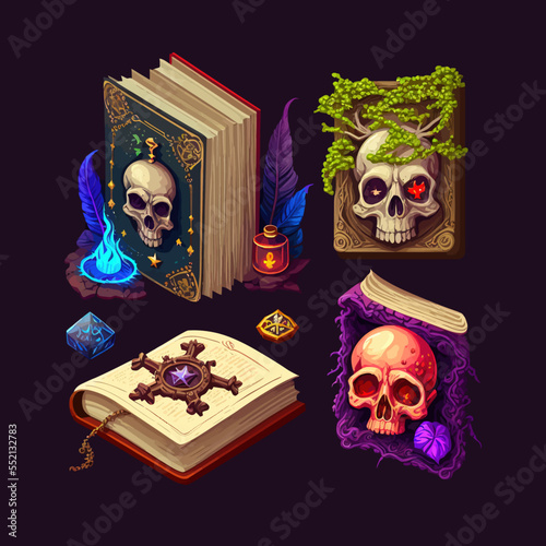 Old magic books with fantasy covers of stone and wood. Flat cartoon illustration isolated on black background