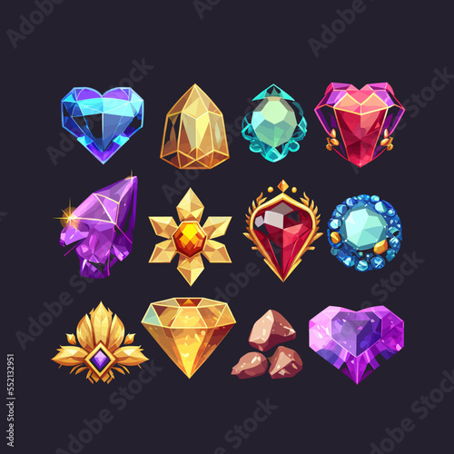Game icons of precious gemstones piles. Flat cartoon illustration isolated on black background