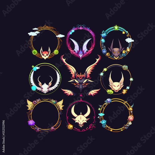 Round game avatar frames set. Flat cartoon illustration isolated on black background