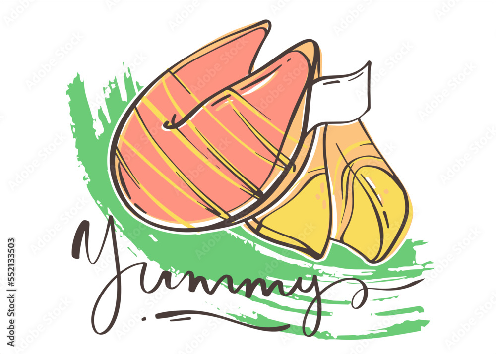 Chinese fortune cookie in flat style. Cookies with colored icing and green background. Asian traditional food. Vector illustration for any design.