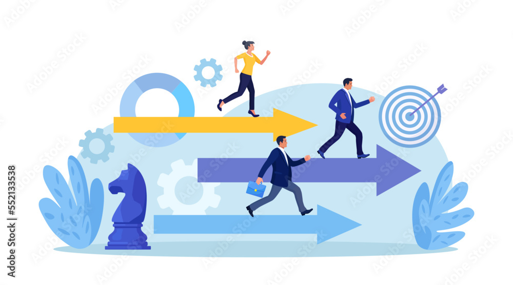Business people compete running on arrows. Business competition. Contest or rivalry against competitors to increase sales. Career success or achievement. Skill or effort to succeed in work, motivation